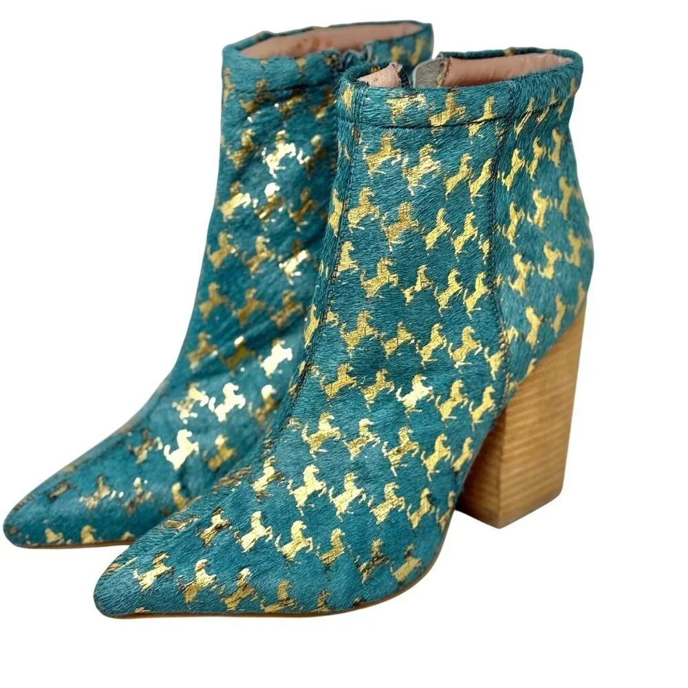 Jeffery Campbell Handmade Teal &‎ Gold Horse Houndstooth Ankle Boots 8.5M